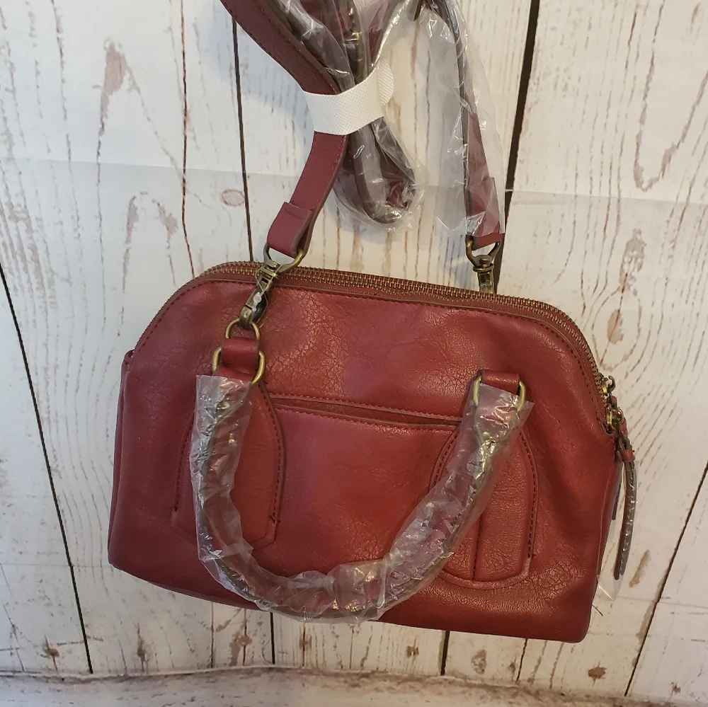 Time and Tru recycled materials vinyl Palms Satchel red